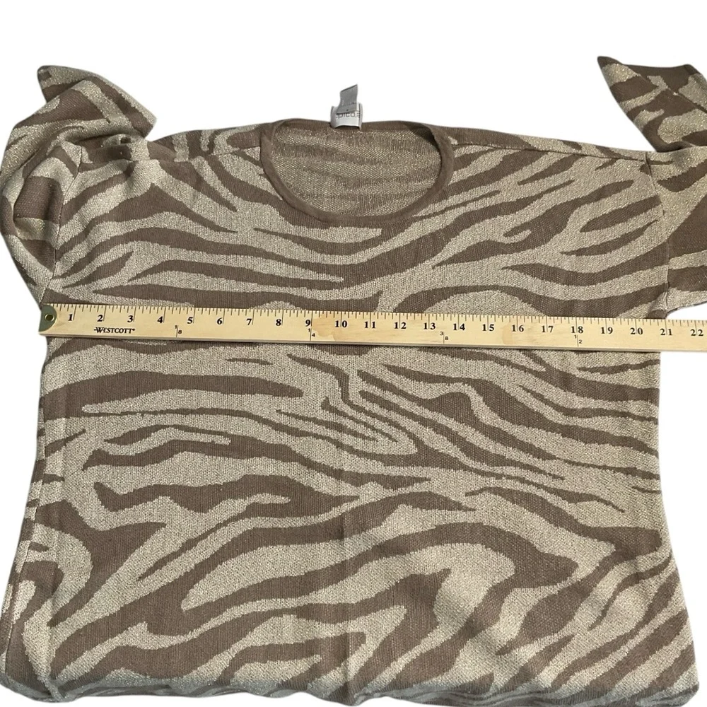 Chico's Tan and Brown Zebra Print Gold Metallic Accent Crewneck Sweater Size M
